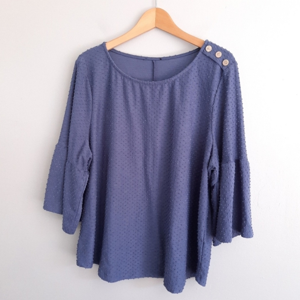 Blue Polka Dot Sleeve Flared Sleeve Scoop Neck Top